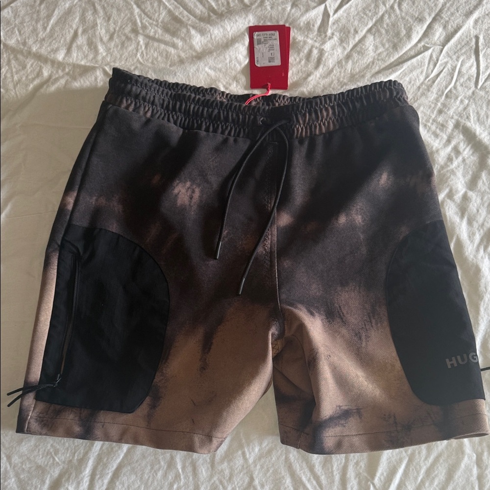 HUGO Men's Tie-Dye Black and Brown Athletic Shorts